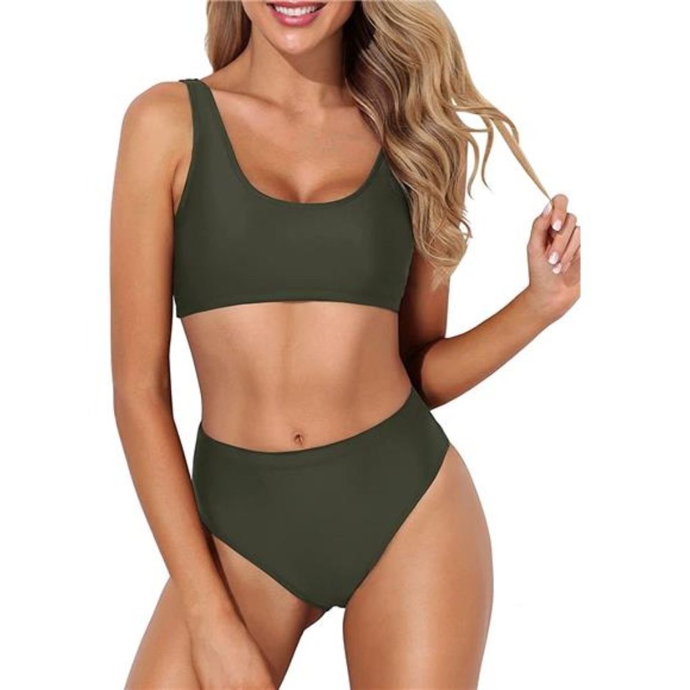 Women Two Piece Scoop Neck Bikini Crop Top High Cut Swimsuit